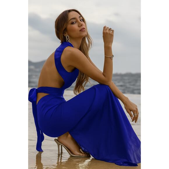 NWT RAMY BROOK Blue Satin Stretch Column Fit Open Back Milan Gown Dress Size 6